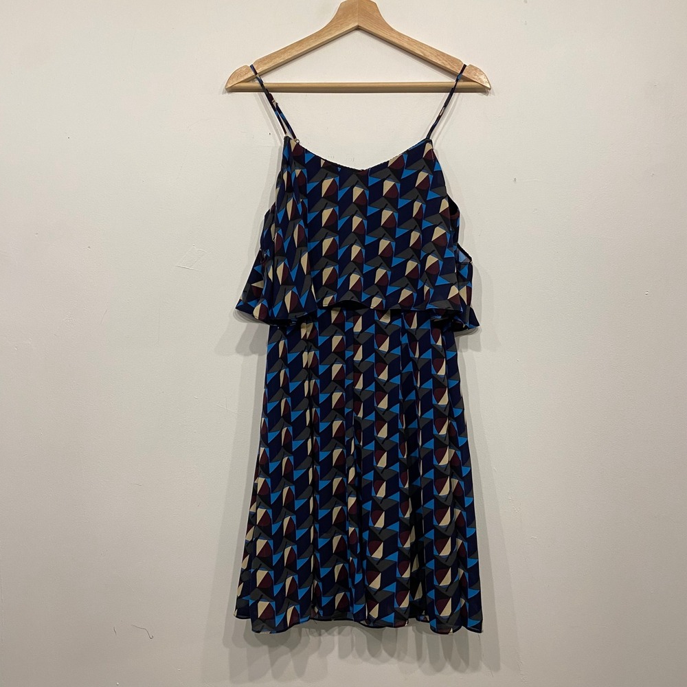Beige by ECI Geometric Print Ruffle Layer Spaghetti Strap Dress Womens Small